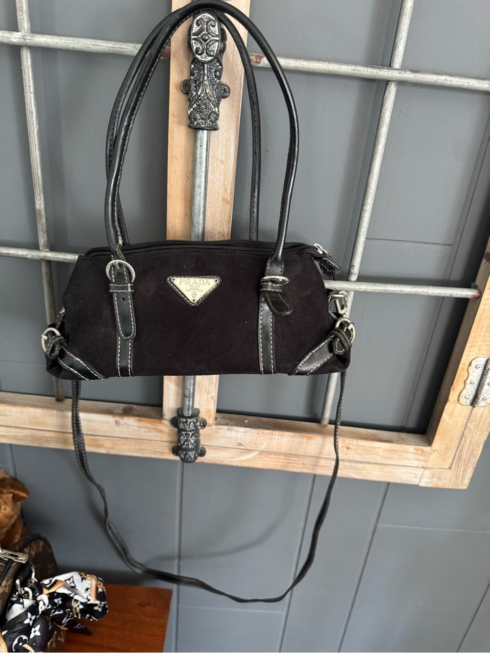 Prada Black Suede Shoulder Bag with Leather Trim